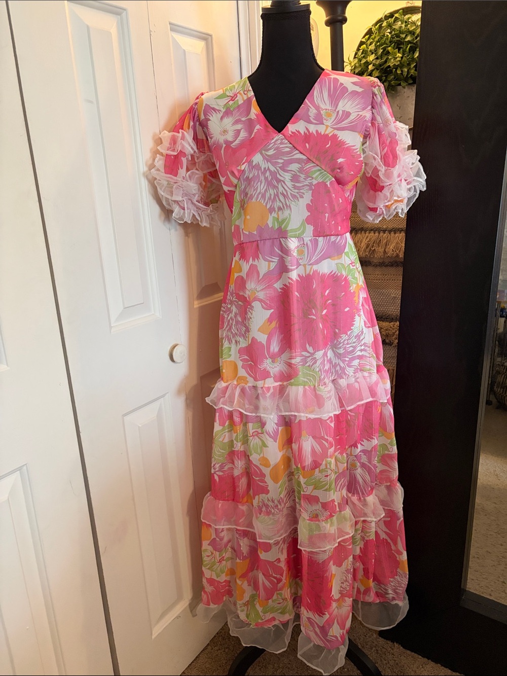 Floral Pink Maxi Dress with Ruffle Tiers
